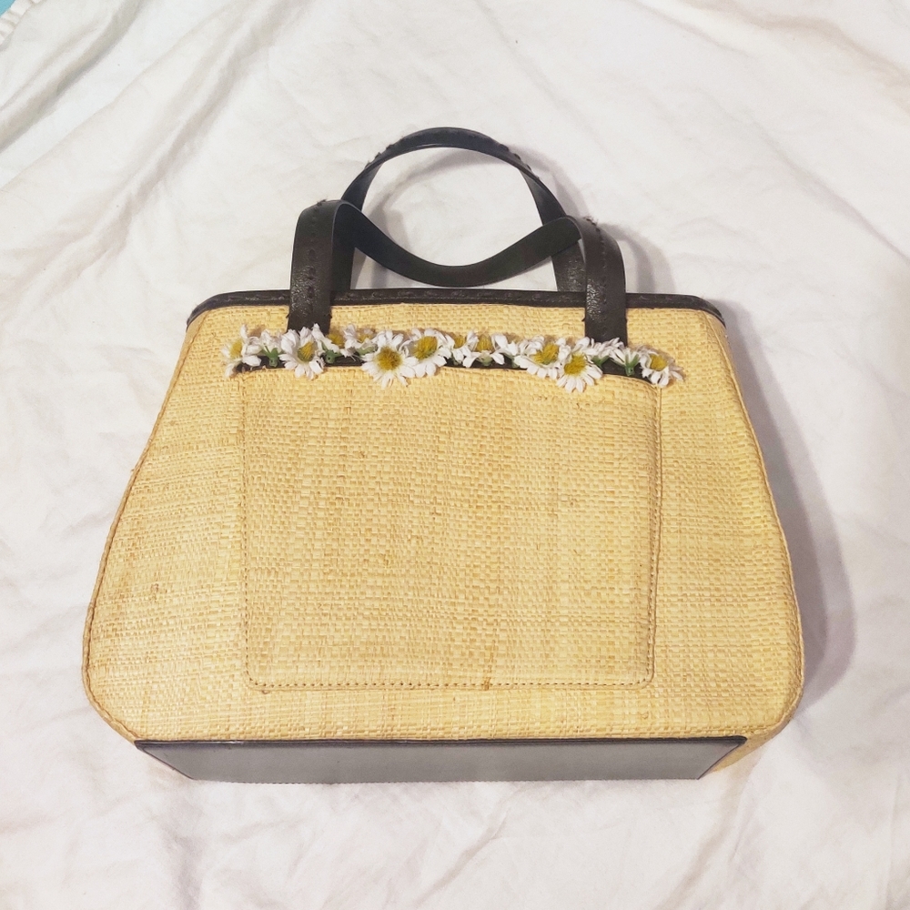 Cole Haan Cottagecore Straw Woven Handbag w Strawberry Print and Daisy Details